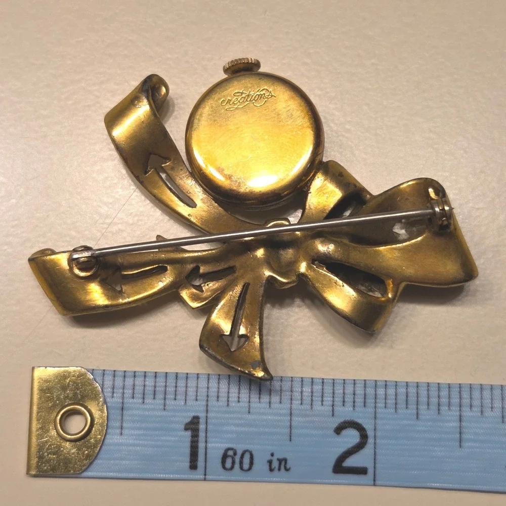 Vintage Creations Gold Tone Bow Watch Brooch Retro Swiss Movement AS IS